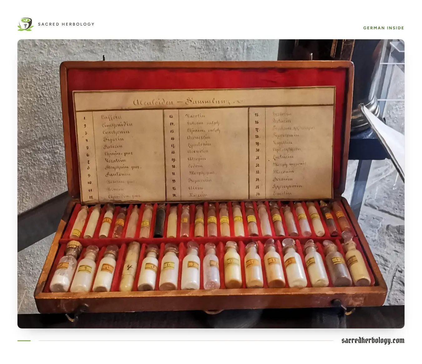An open wooden case lined with red cloth holding two rows of small stoppered glass vials of white powders, with a handwritten numbered list in German inside the lid
