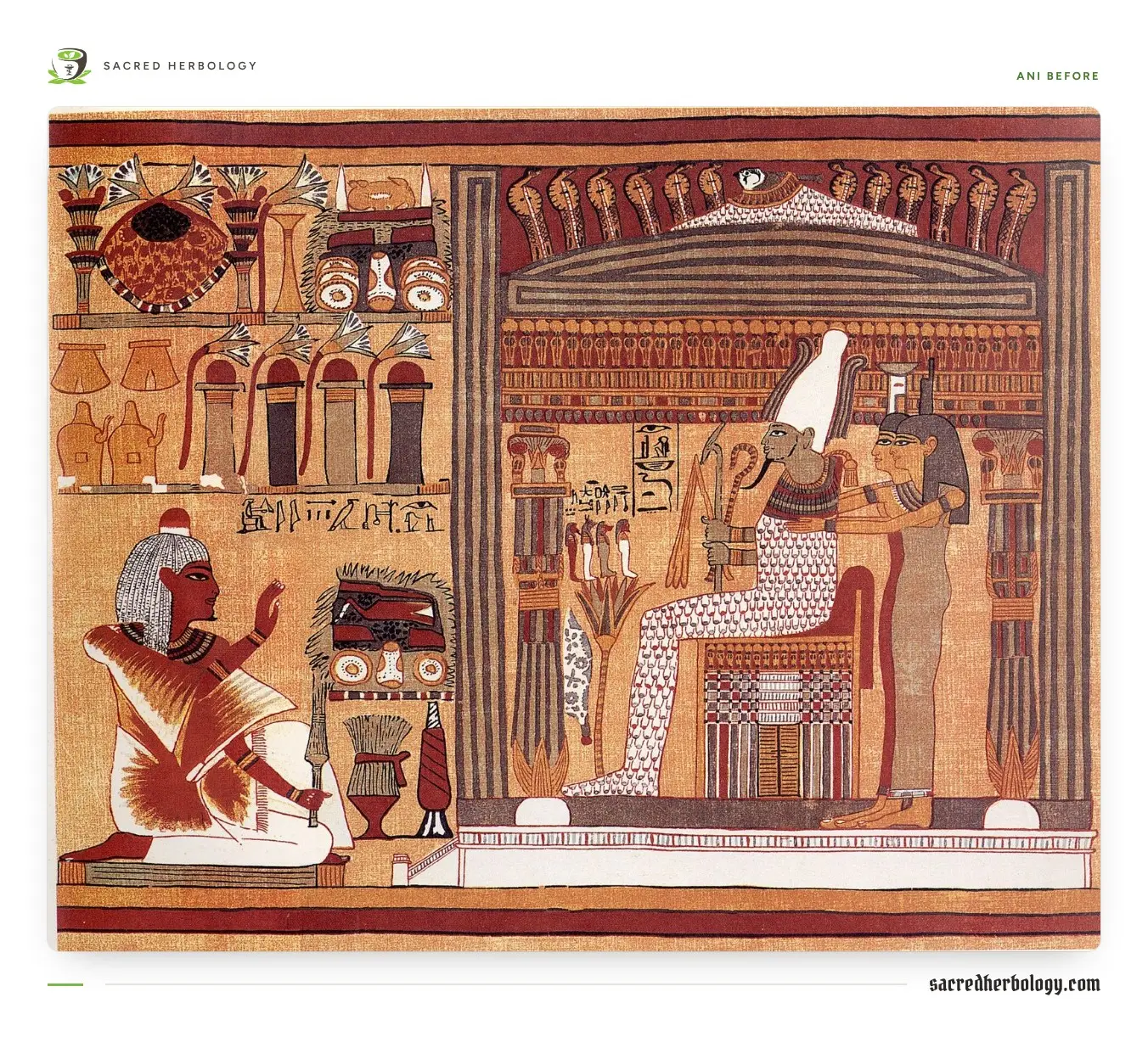 Egyptian painted vignette of a kneeling man before the enthroned god Osiris in a shrine, with Isis and Nephthys behind him and an open lotus in front bearing four small figures