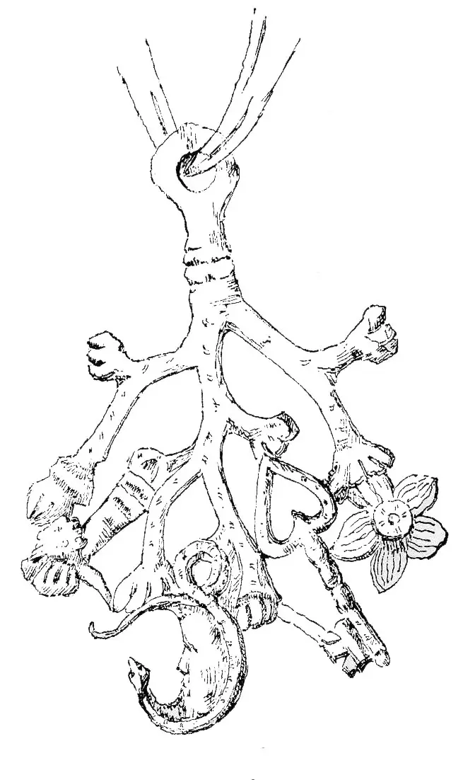 Line engraving of a charm shaped like a branching sprig of rue with a key, a heart, two hands, a serpent and a flower hung on the tips