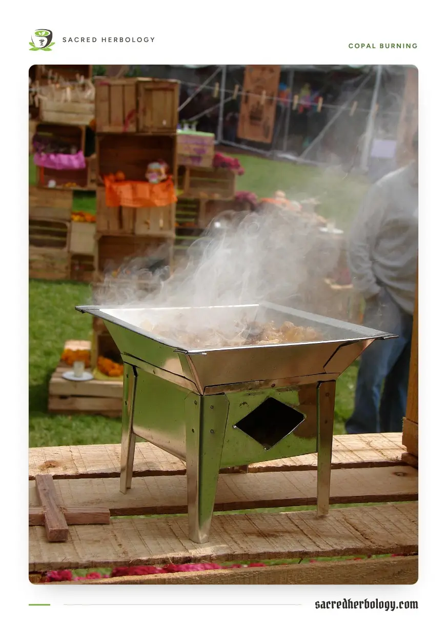 White smoke rising from lumps of amber-coloured copal in a metal brazier, with marigold-decked offering crates behind