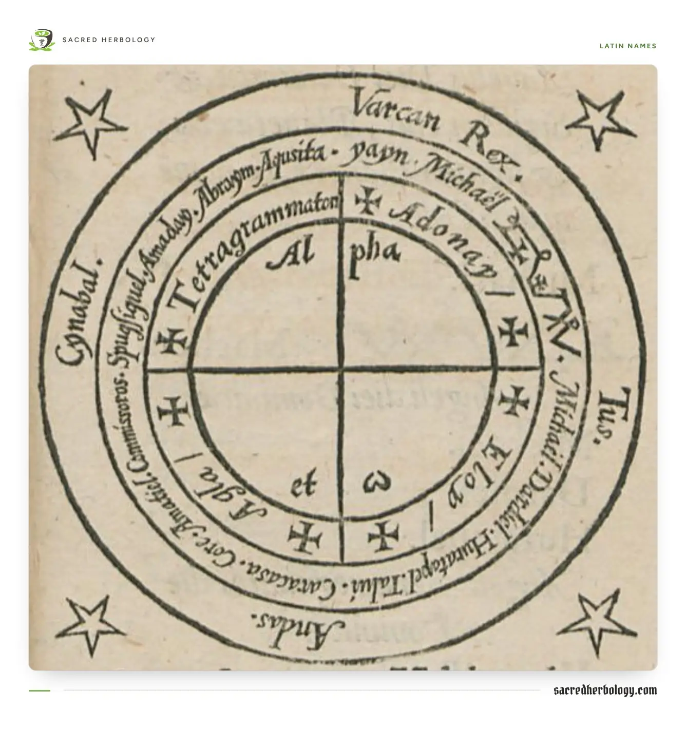 Woodcut of a double magic circle divided by a cross, with Latin names written around the rings and a star in each corner