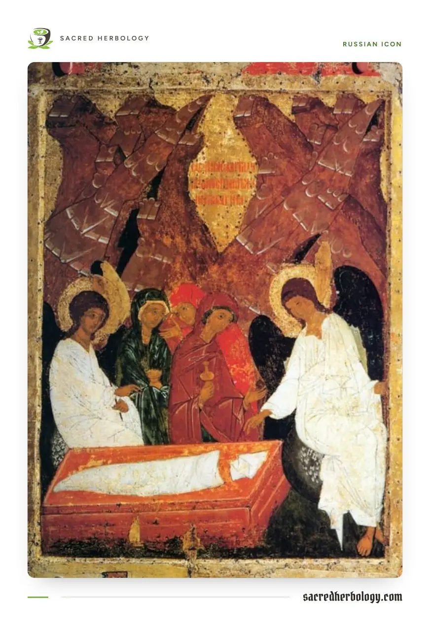 Painted icon of three women in green and red robes holding small jars beside an empty tomb, with a white-robed angel seated at each end