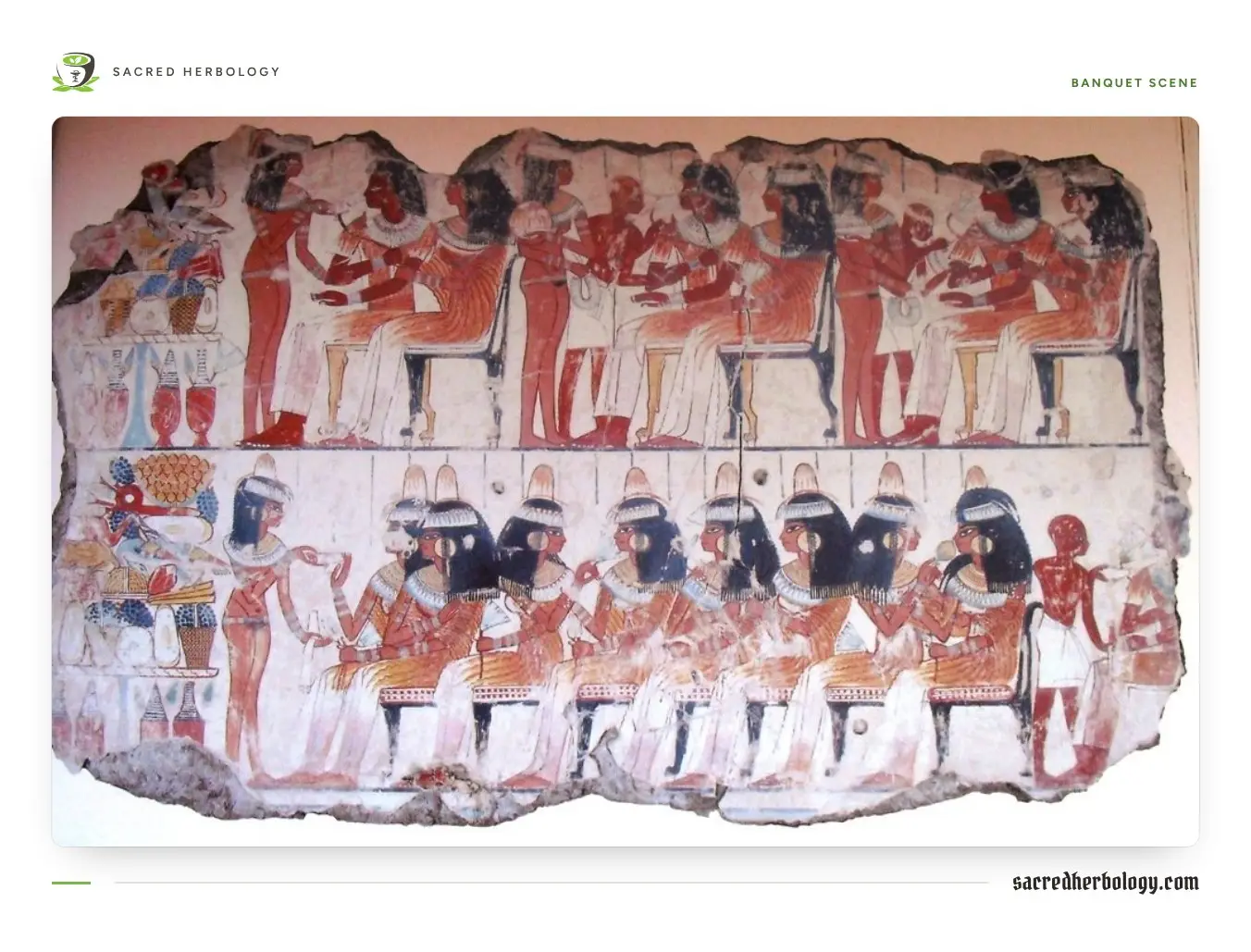 Ancient Egyptian wall painting of two rows of seated guests in white linen and heavy wigs, with servants and a table of offerings