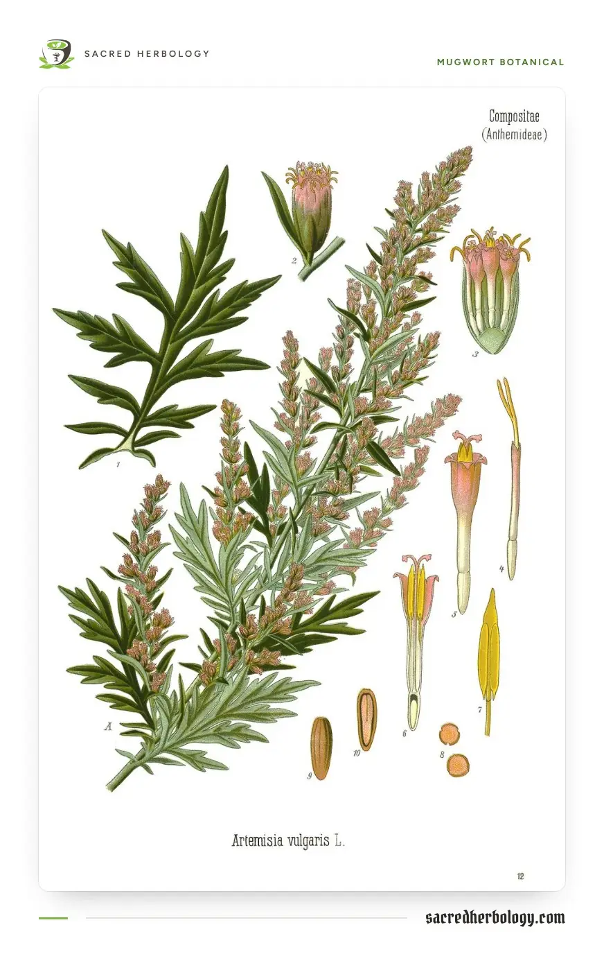 Botanical plate printed as Artemisia vulgaris, showing a flowering branch, a leaf with long narrow lobes and magnified flower heads