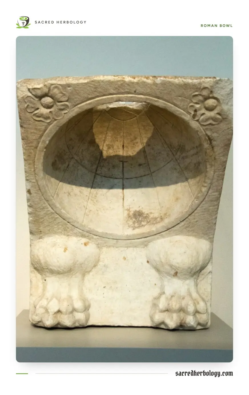A white marble block carved with a hollow bowl, its inner surface scored with fanning hour lines and curved day lines, with carved rosettes above and lion's feet below