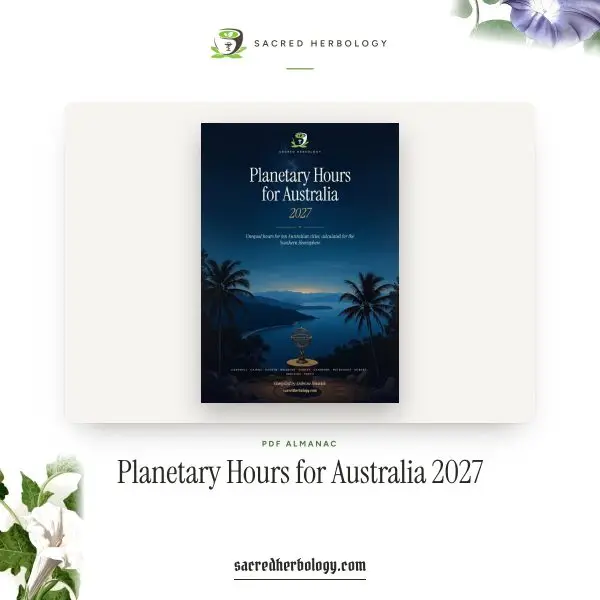 Planetary Hours for Australia 2027 PDF cover: a brass armillary sphere above a coast at dusk, Sacred Herbology