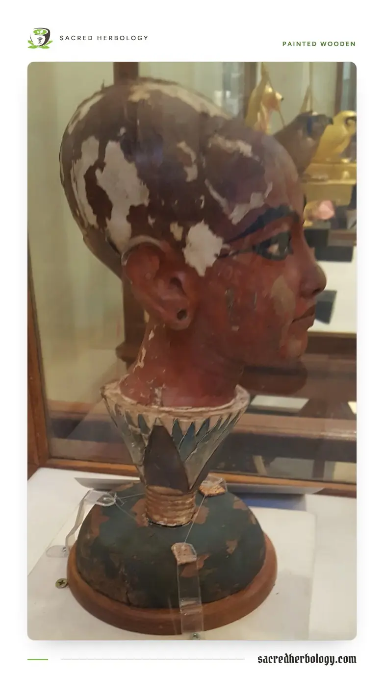 Painted wooden head of a boy king rising from an open blue and white lotus flower on a dark blue base, in a museum case