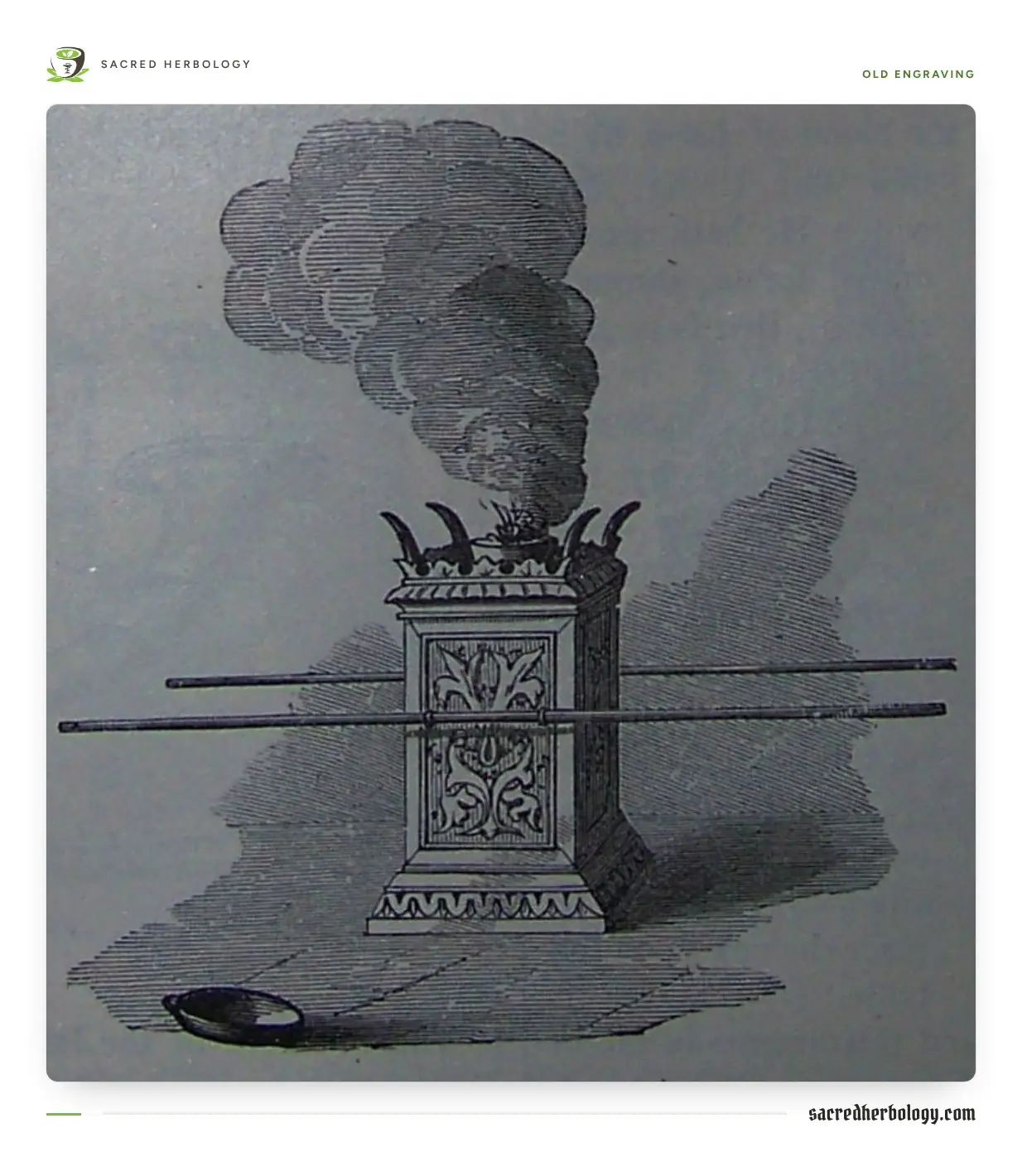 Old engraving of a small square altar with a horn at each corner, a carved panel on its side and two long carrying poles, with a thick cloud of smoke rising from its top