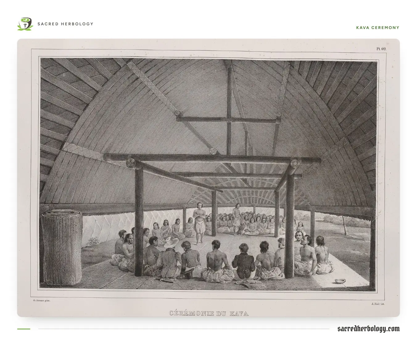 Lithograph of the inside of a large Tongan house with a high curved roof, people seated in a circle on mats and two figures standing at the far side
