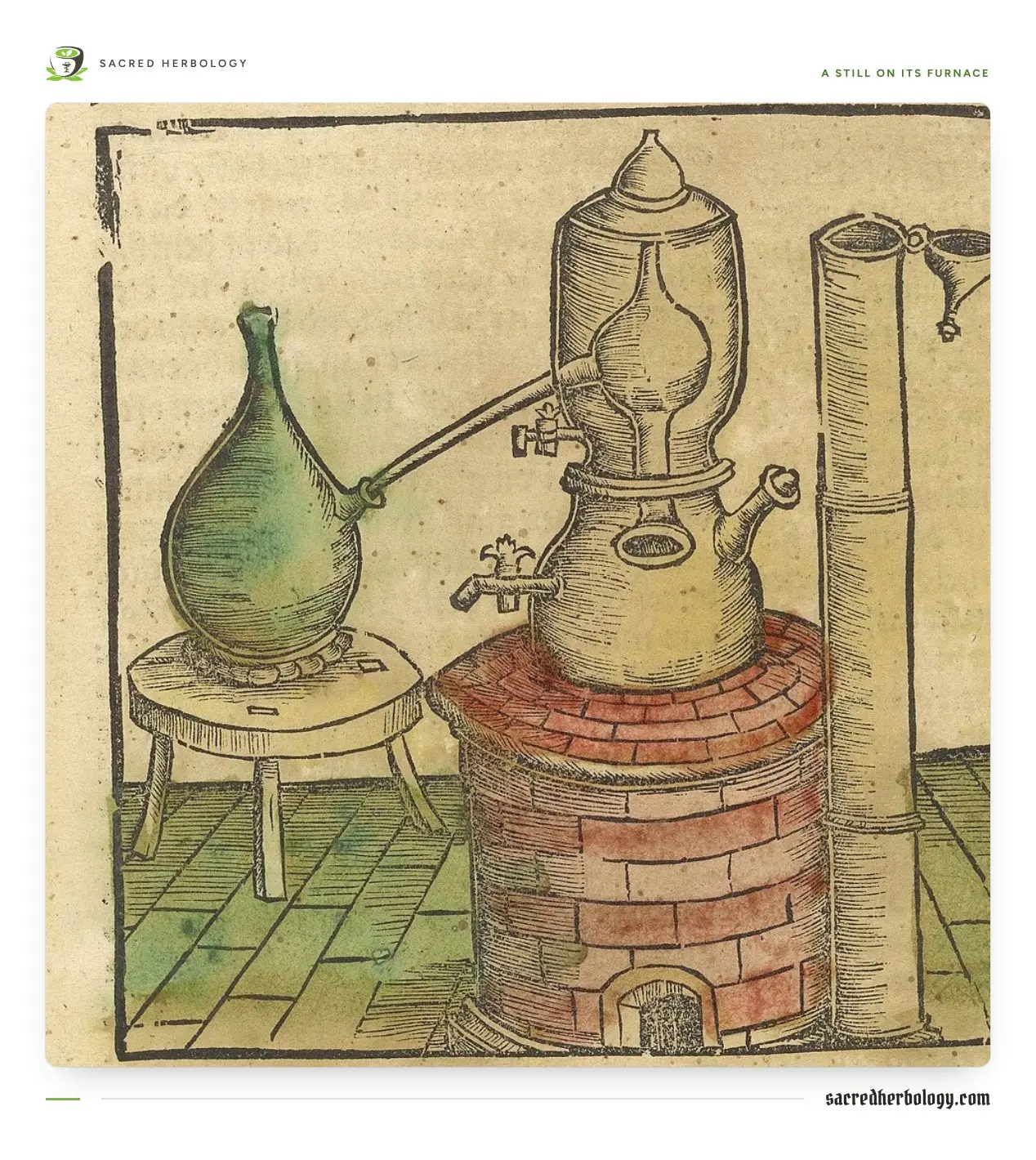 Hand-coloured woodcut of a copper still with a tall head on a round brick furnace, its spout feeding a green glass flask on a stool, with a cooling column to the right