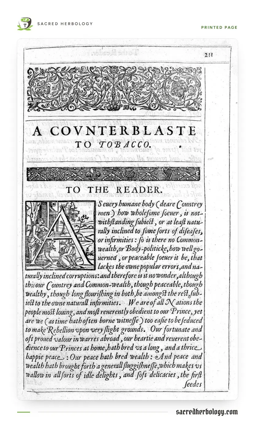 Printed page with an ornamental headpiece and the heading A Counterblaste to Tobacco, To the Reader, above dense seventeenth-century type