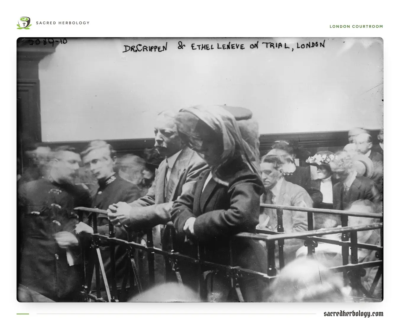 Black and white press photograph of a balding man with a moustache and a young woman in a large hat and veil standing at a rail in a crowded London courtroom