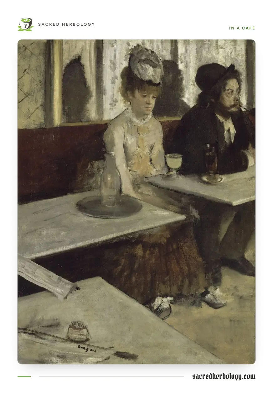 Painting of a woman in a pale dress and hat sitting slumped at a café table beside a man in a dark hat and coat, a glass of cloudy absinthe in front of her