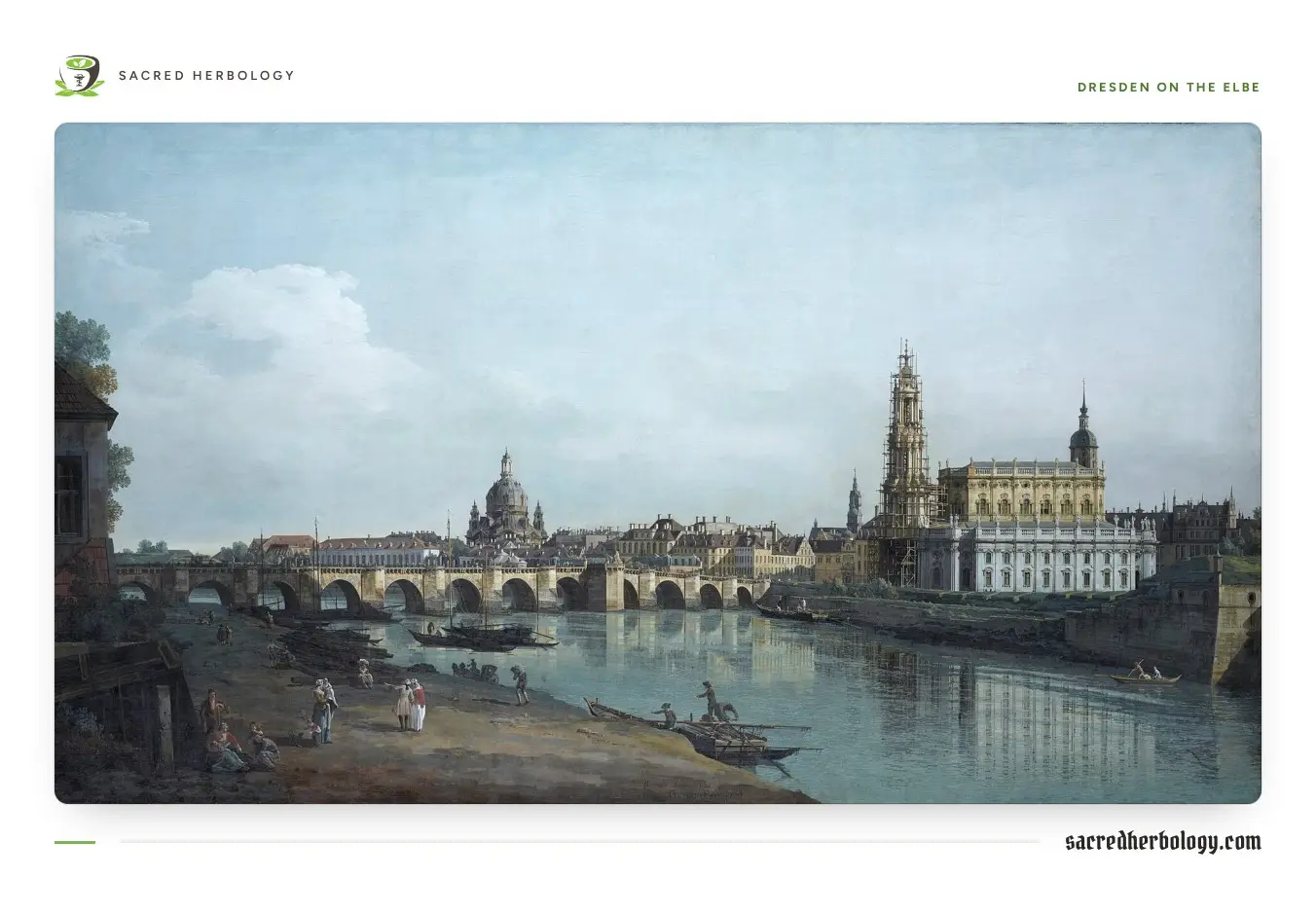 Painting of a wide river with a long stone bridge of many arches, a domed church and a tall baroque tower on the far bank, and small boats and figures on the near shore
