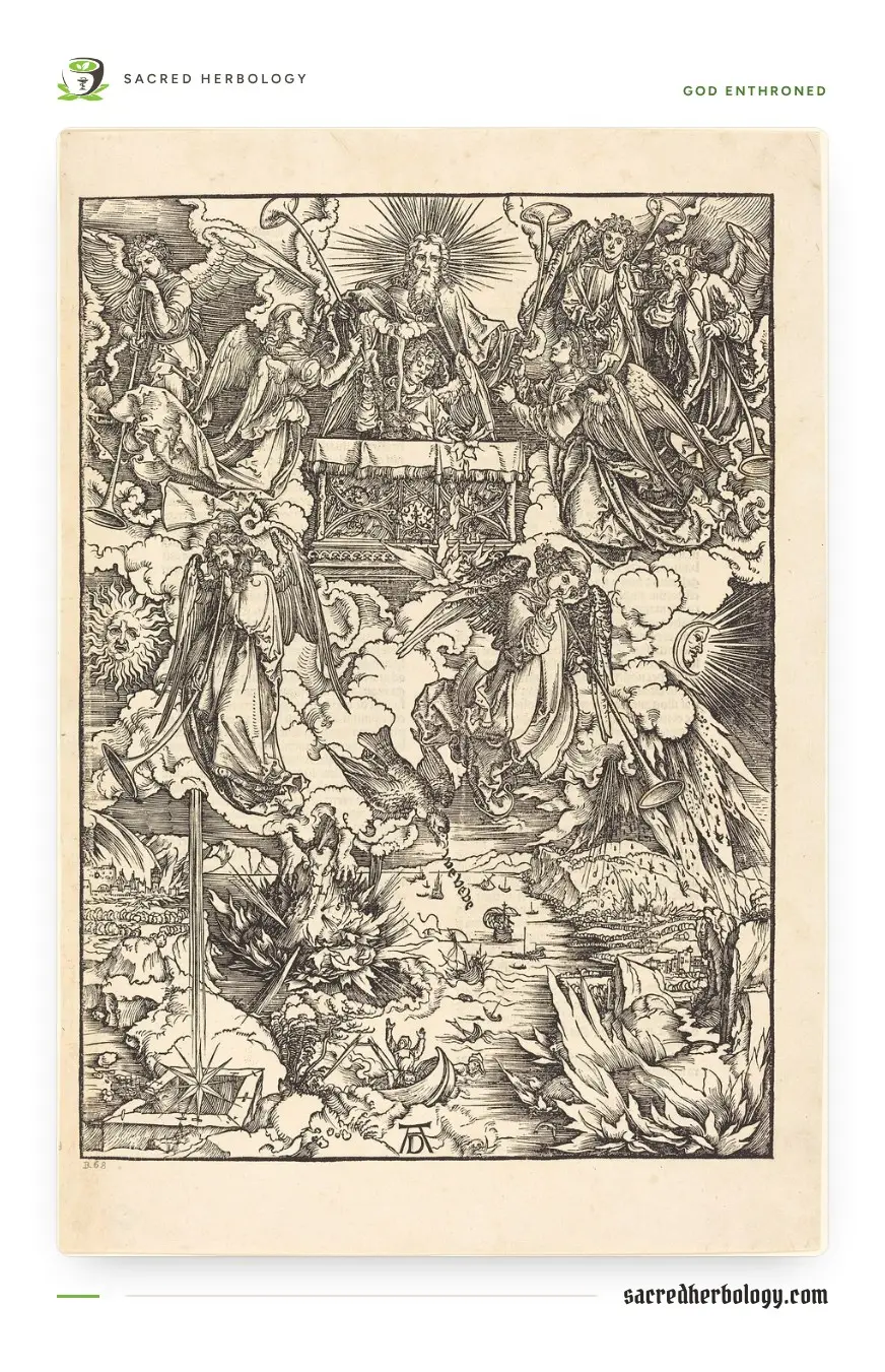 Black and white woodcut: God enthroned among angels holding trumpets at the top; below, a burning landscape, ships on a sea, and at lower left a star falling from the sky