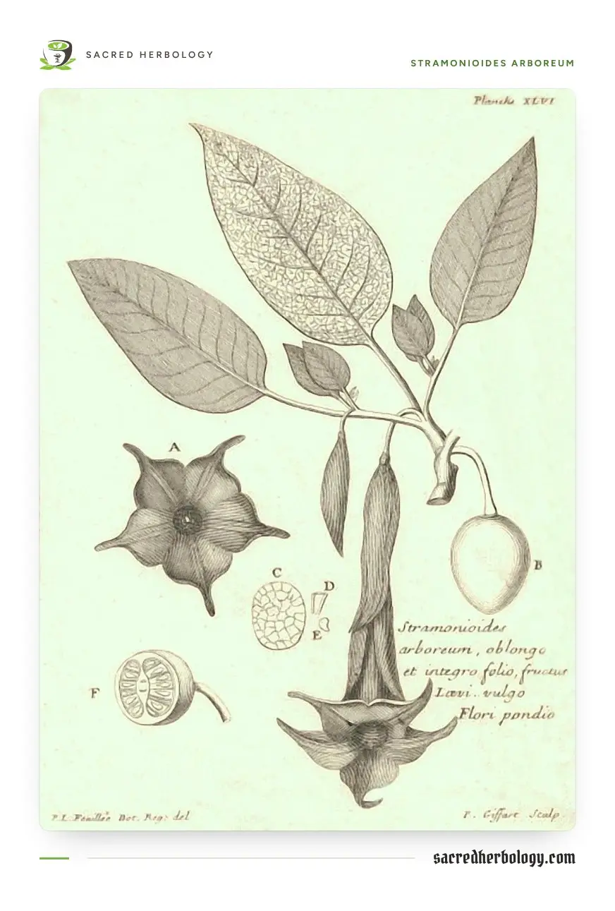 Black and white engraving of a leafy branch with a long trumpet flower hanging down, an egg-shaped fruit, a flower seen from the front as a five-pointed star, and a cut-open fruit, with a Latin name written beside it