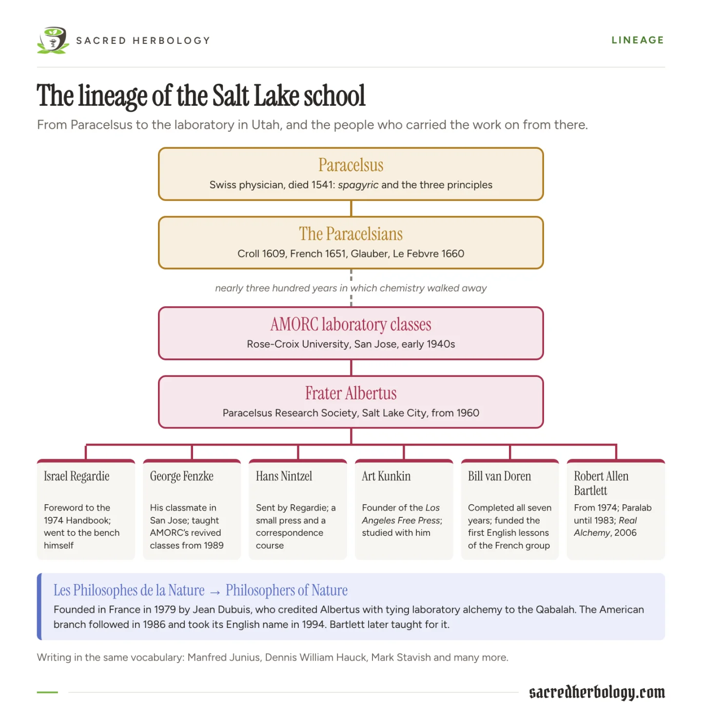 Family tree from Paracelsus and the Paracelsians, across a long gap, to the AMORC laboratory classes and Frater Albertus, branching to six students and on to the Philosophers of Nature