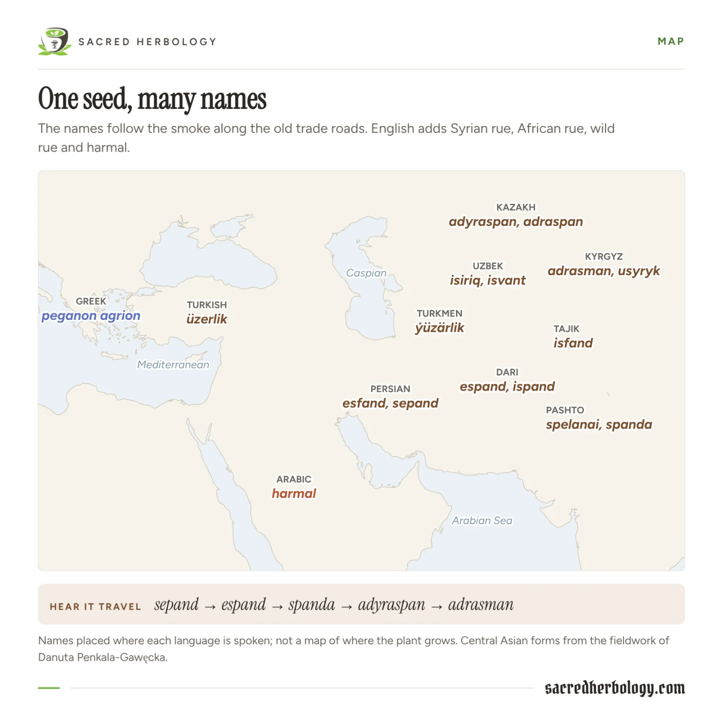 Map from Greece to Kyrgyzstan with the plant's name written over each language area: peganon agrion, üzerlik, harmal, esfand, ýüzärlik, isiriq, espand, spelanai, isfand, adyraspan and adrasman
