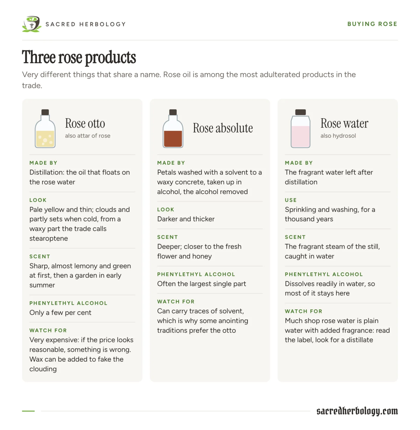 Comparison chart of rose otto, rose absolute and rose water: how each is made and what it is