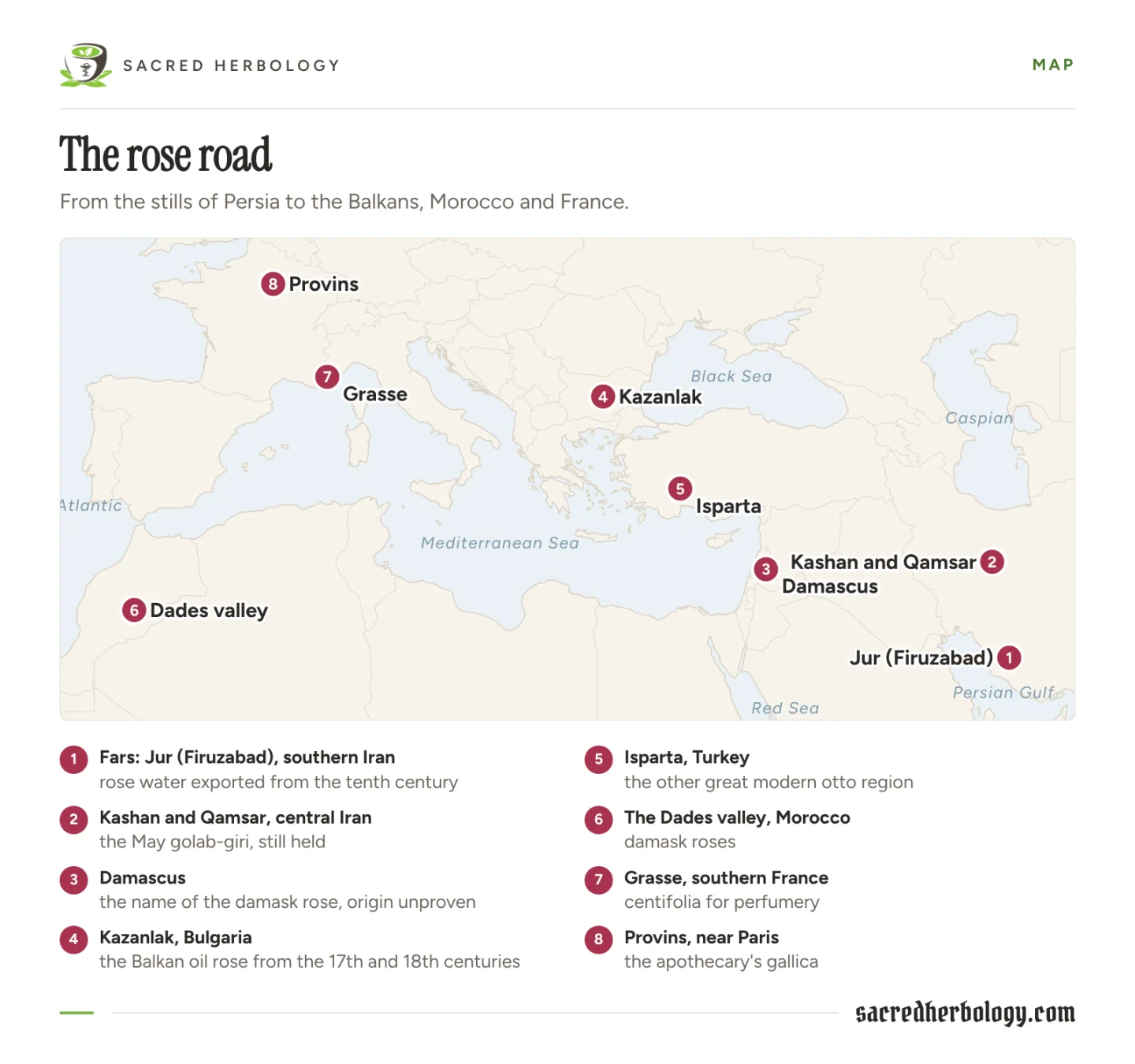 Map tracing the spread of rose distilling from Persia west to the Balkans, Morocco and France