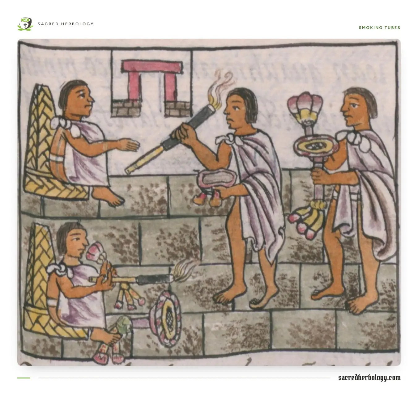 Painted codex scene: Nahua men in white cloaks hand smoking tubes, flowers and other gifts to seated guests