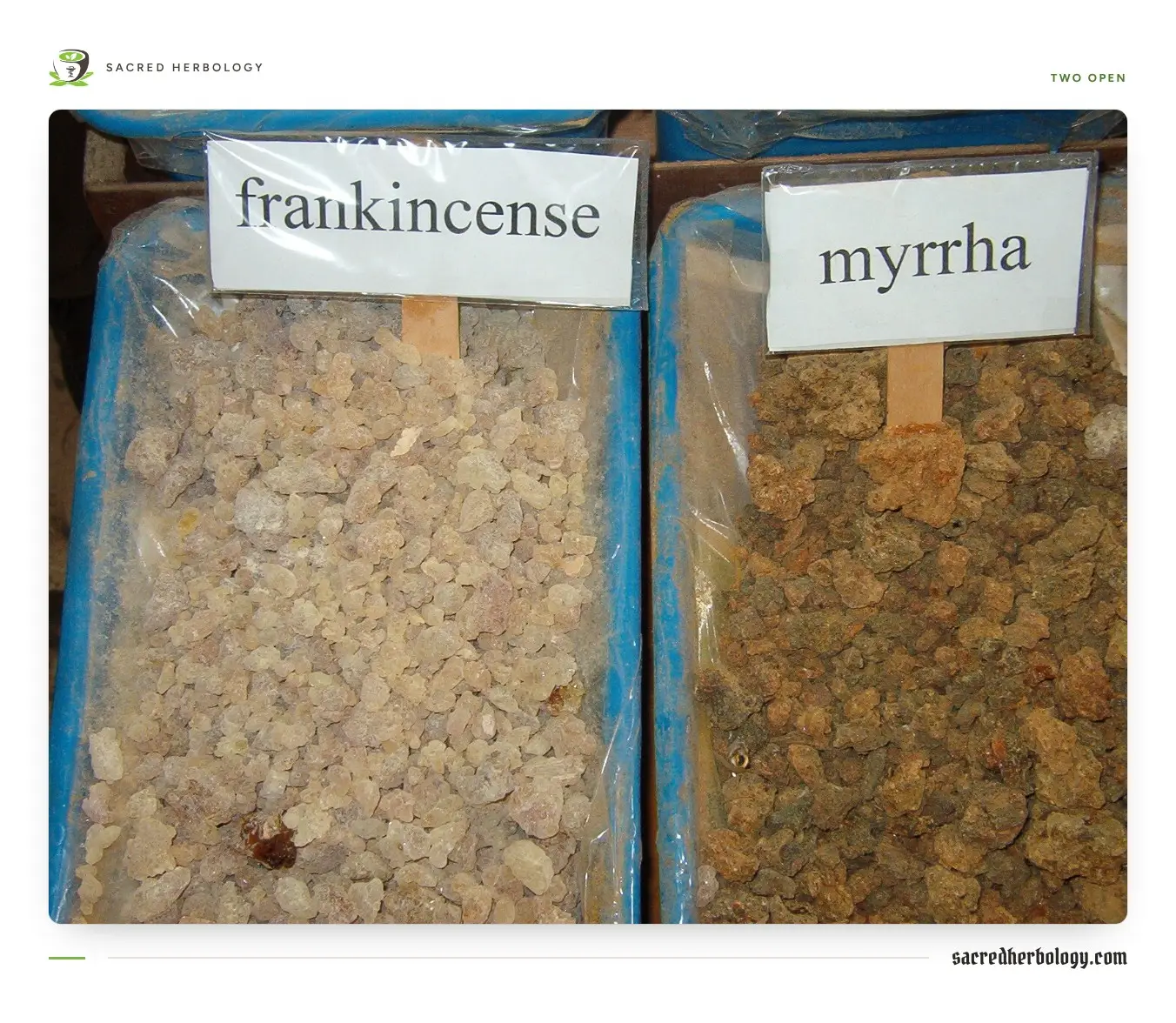 Two open sacks side by side in a market, one of pale frankincense tears and one of darker myrrh, each with a handwritten label on a stick