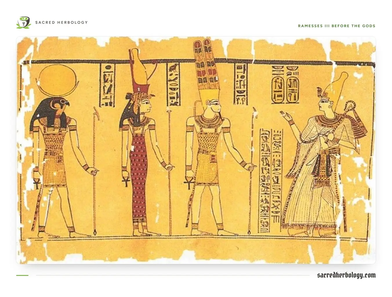 A painted papyrus scene: a king in a tall crown raises his hand before three standing deities, with columns of hieroglyphs above them