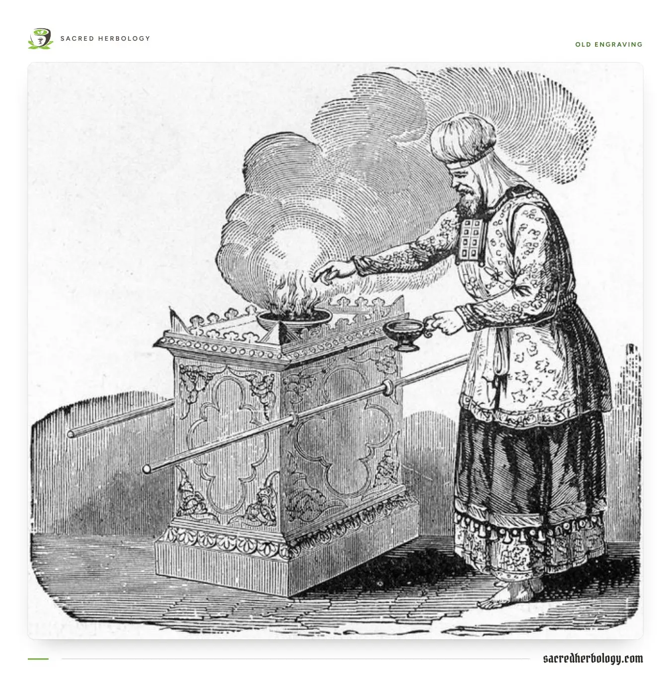 Old engraving of a bearded priest in a turban and embroidered robes reaching over a carved altar with carrying poles, smoke rising from a bowl on top, a small dish in his other hand