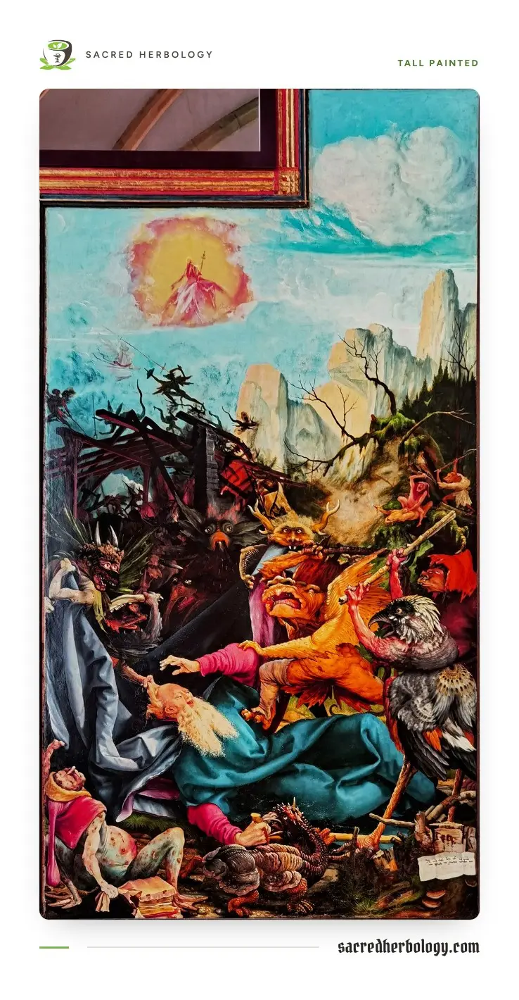 Tall painted panel in a museum frame: grotesque demons crowd and beat an old man in a blue cloak lying on the ground, with craggy peaks behind and a hunched sick figure in the lower left corner