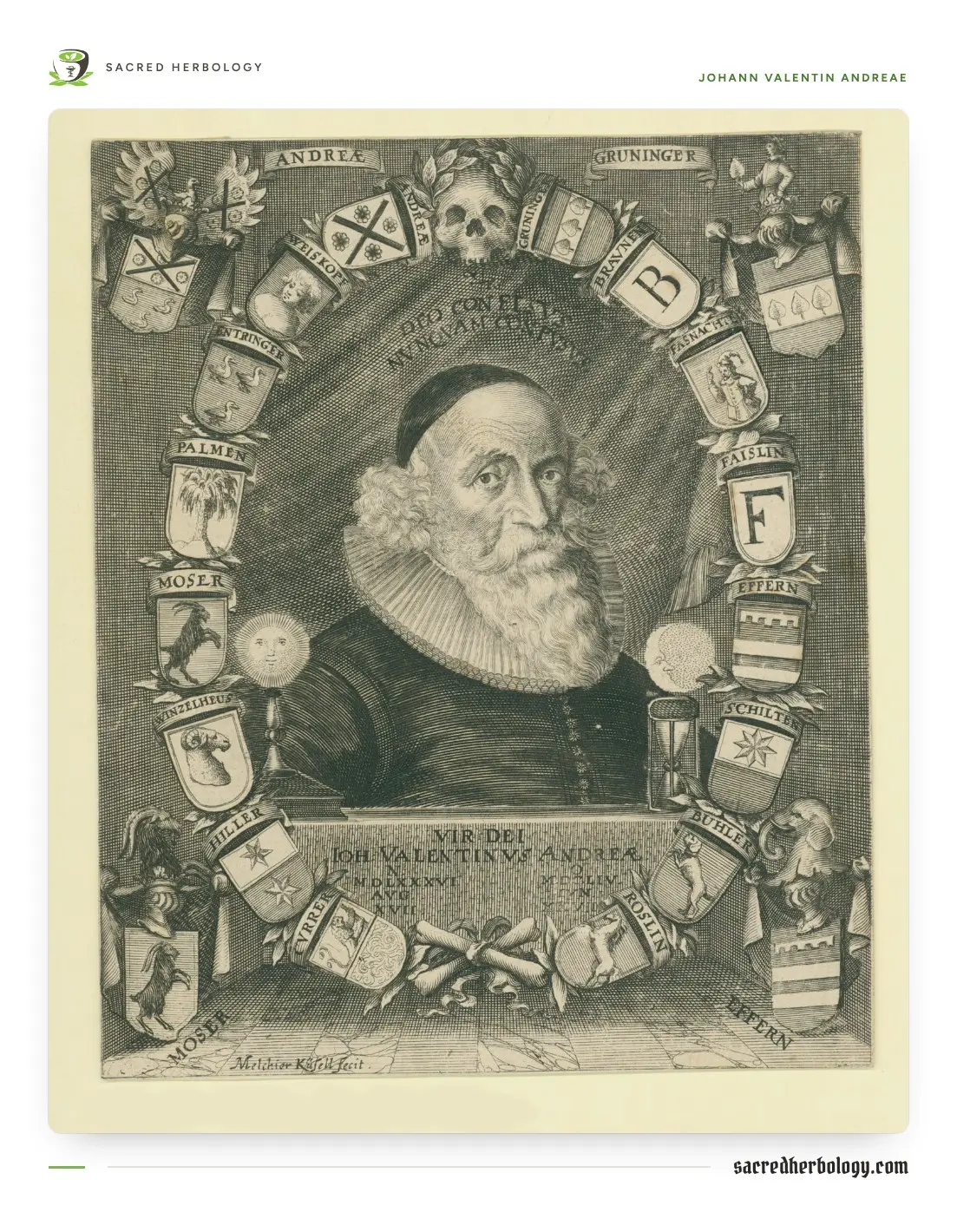 Seventeenth-century engraved portrait of Johann Valentin Andreae in clerical dress, with his coat of arms