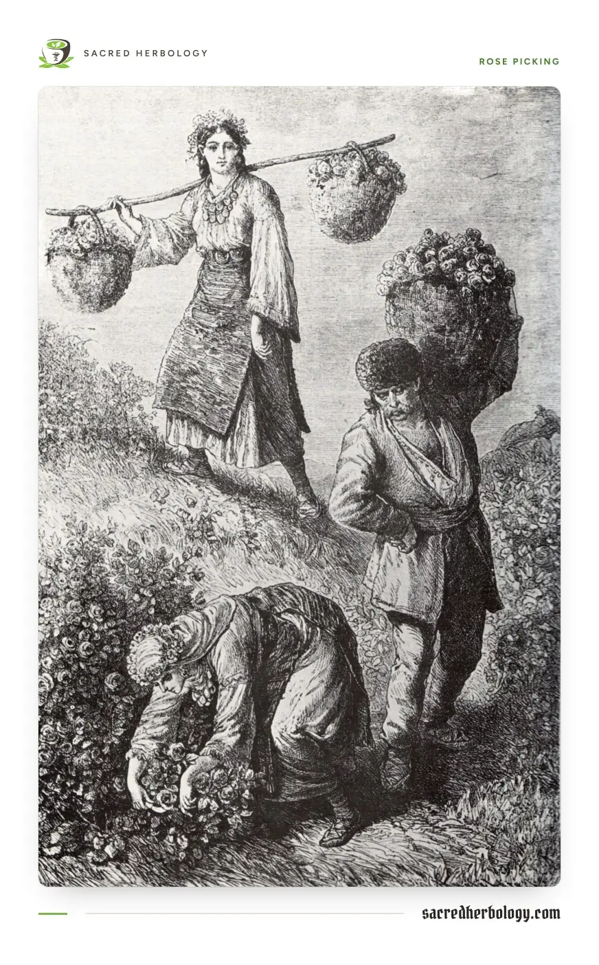 Black and white engraving of rose pickers on a hillside: a woman carrying two baskets of roses on a yoke, a man with a full basket on his back, and a woman bending to pick from a rose bush