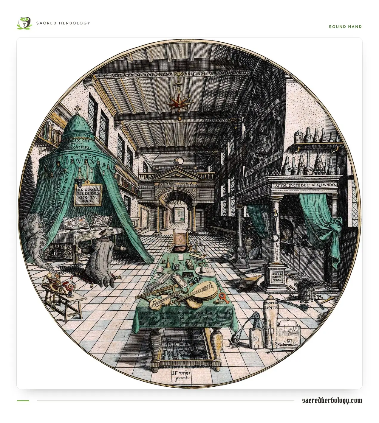 Round hand-coloured engraving of a great pillared hall: on the left a green tent-like chapel where a man kneels at an altar, on the right shelves and furnaces of a laboratory, a table with musical instruments in the middle