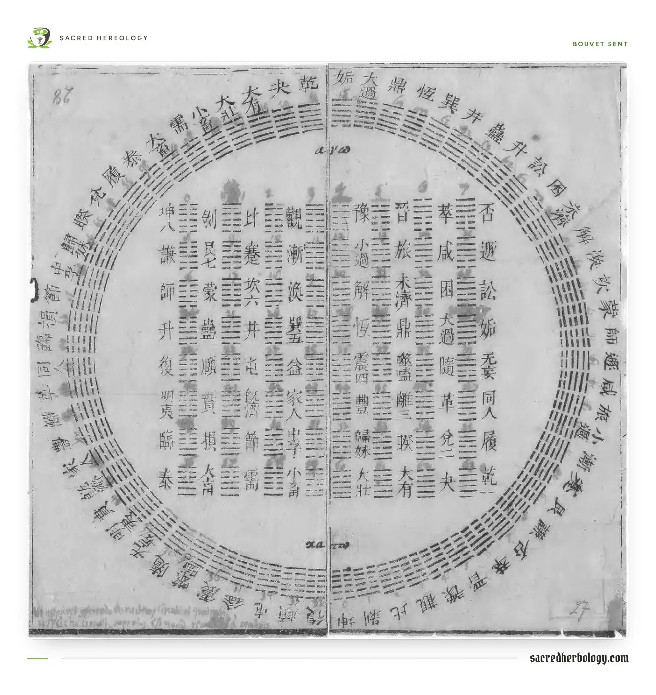 Printed Chinese diagram of the sixty-four hexagrams arranged as a square grid inside a circle, with small numbers added in ink