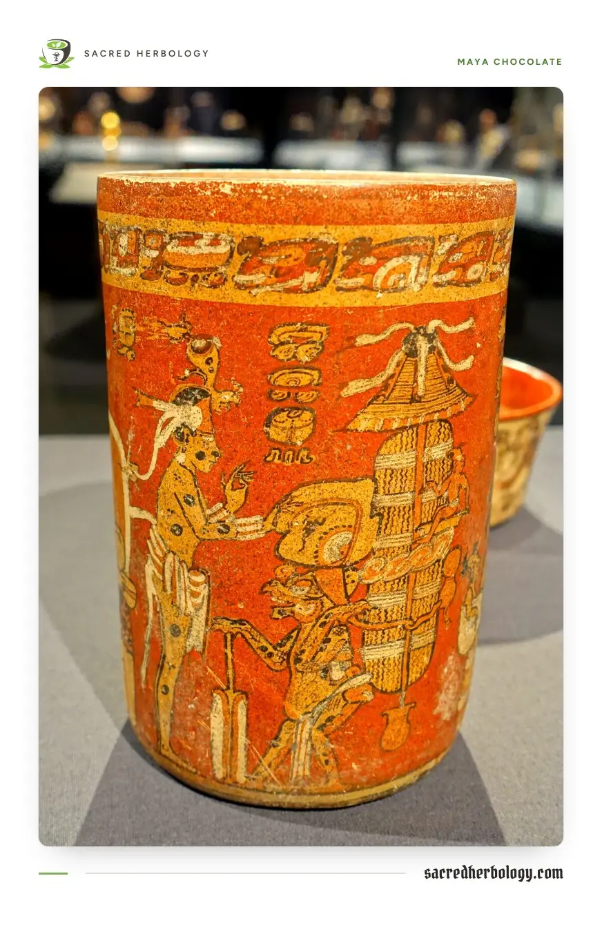 A tall painted Maya cylinder cup in red, cream and black, with a band of glyphs around the rim and painted figures below
