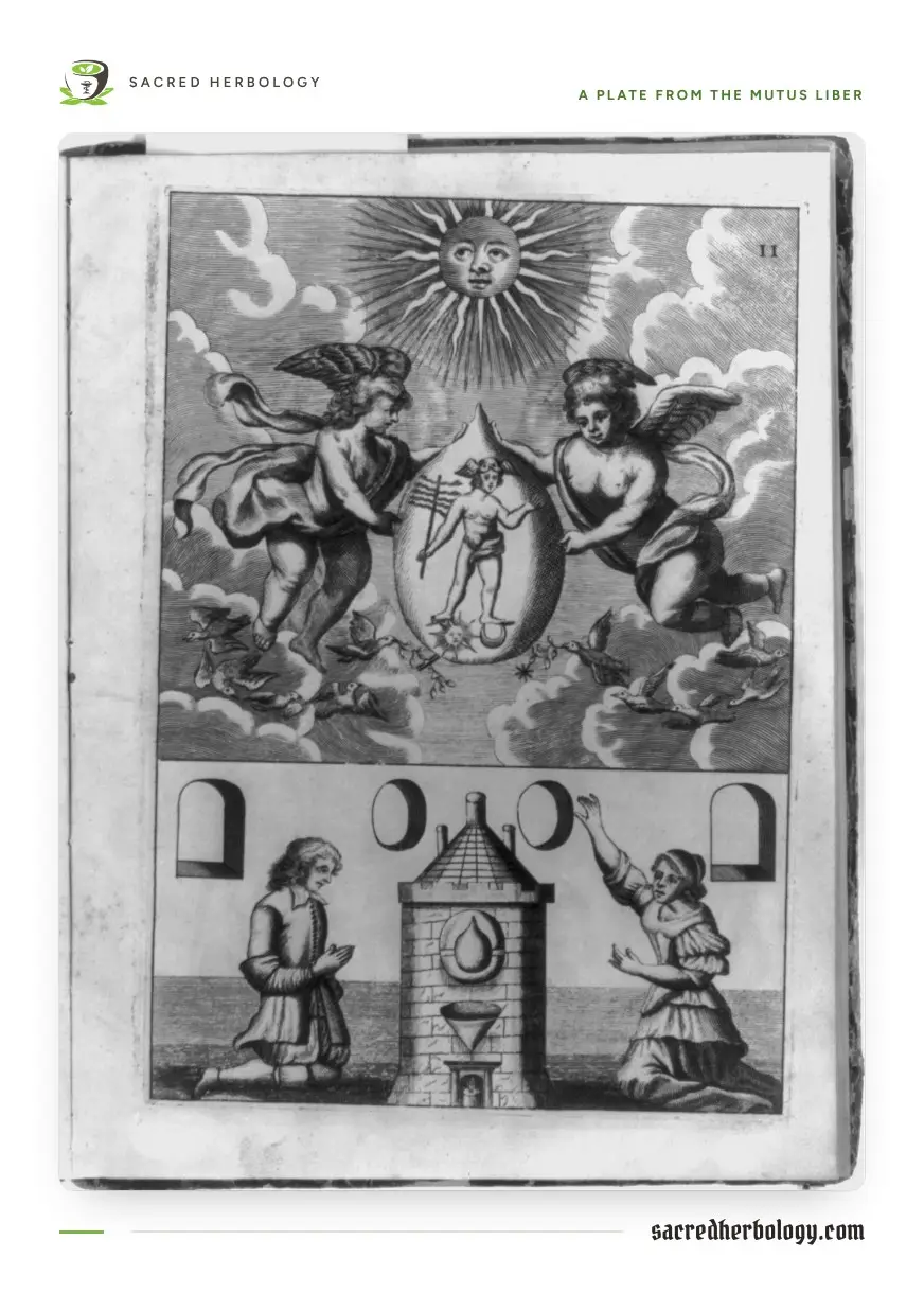 Engraving: above, two winged figures in clouds under a sun hold up a vessel with a small figure inside; below, a man and a woman kneel on either side of a tower-shaped furnace