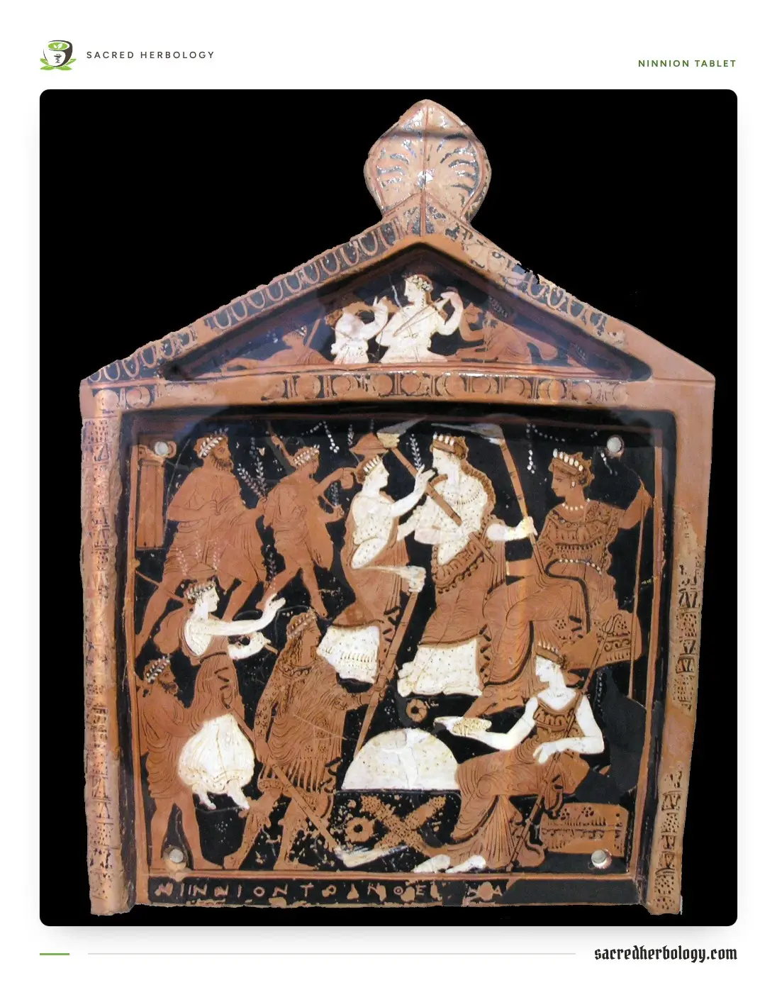 Red-figure terracotta plaque shaped like a little temple front, showing robed figures in two rows, some seated and some walking with torches and staffs, against a black background