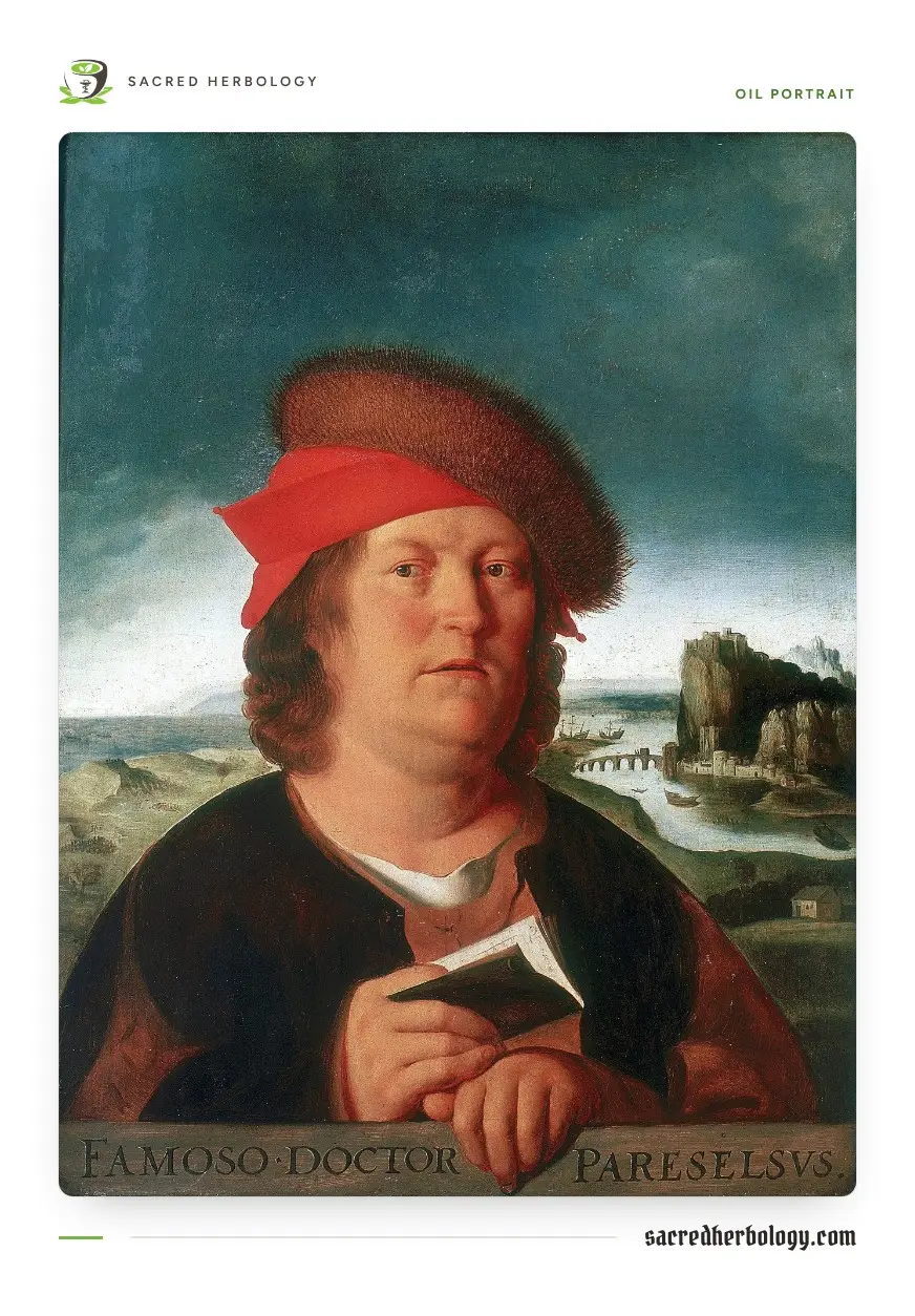 Oil portrait of a stout man with long brown hair, a red cap under a fur hat and a dark coat, holding a small book, with a river landscape behind him