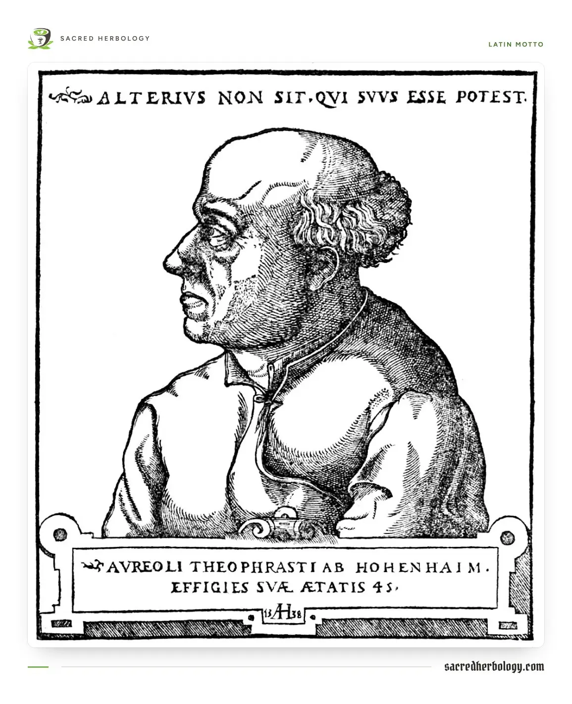 Black and white woodcut portrait of a balding man in profile with curly hair at the sides, in a buttoned coat, under a Latin motto, with a Latin inscription in a frame below
