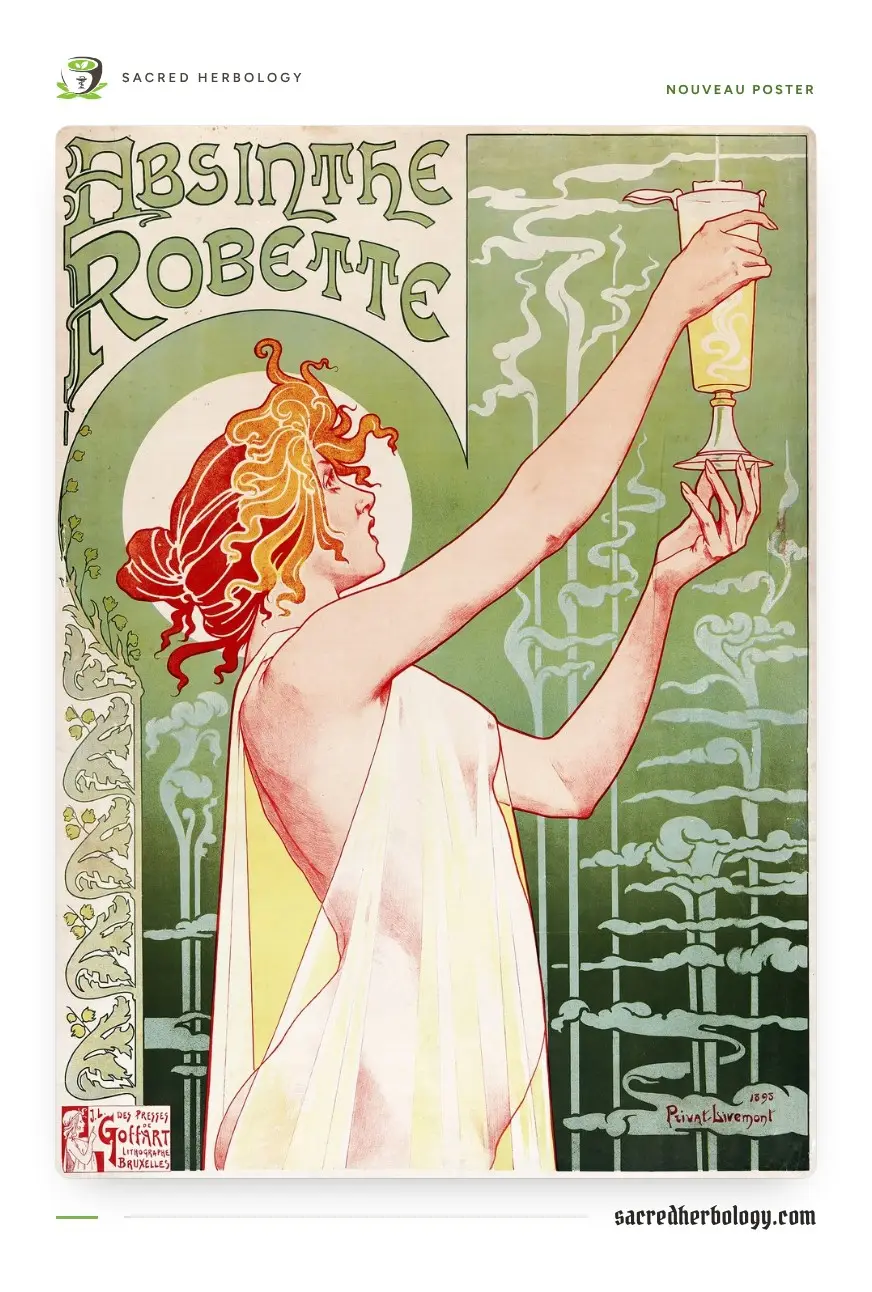 Art Nouveau poster: a red-haired woman in a sheer white drape holds a glowing glass of green absinthe up to the light, framed by green swirls and the words Absinthe Robette
