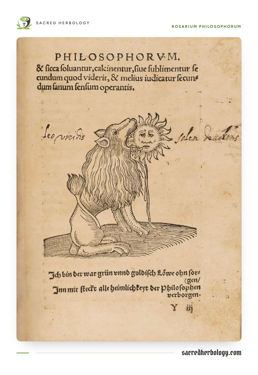 Old printed page with a woodcut of a seated lion swallowing a sun with a human face, under Latin text and above two lines of German verse
