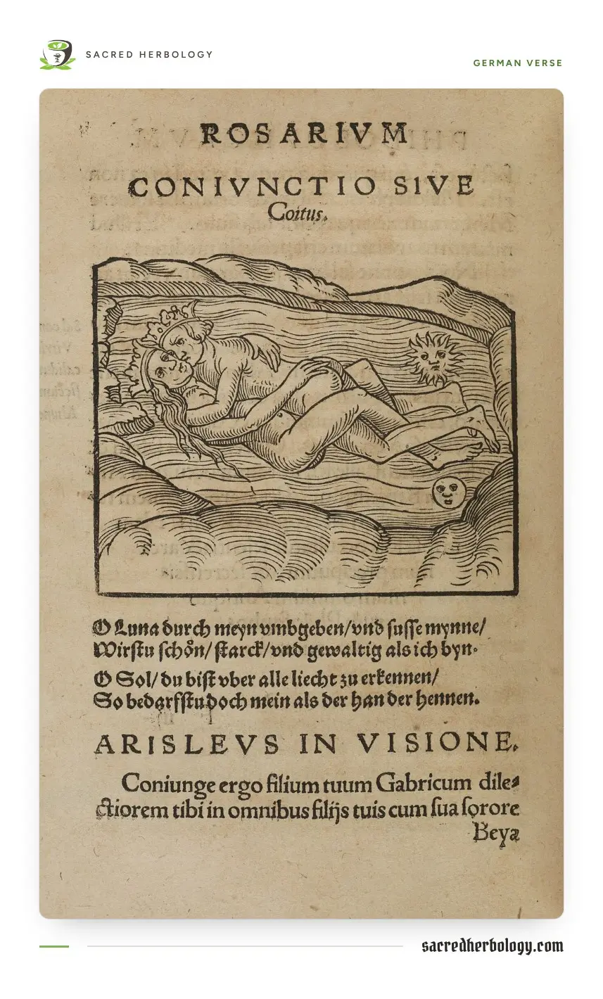 Page of an old printed book with a woodcut of a crowned king and queen lying together in water, under a sun and a moon, with German verse below