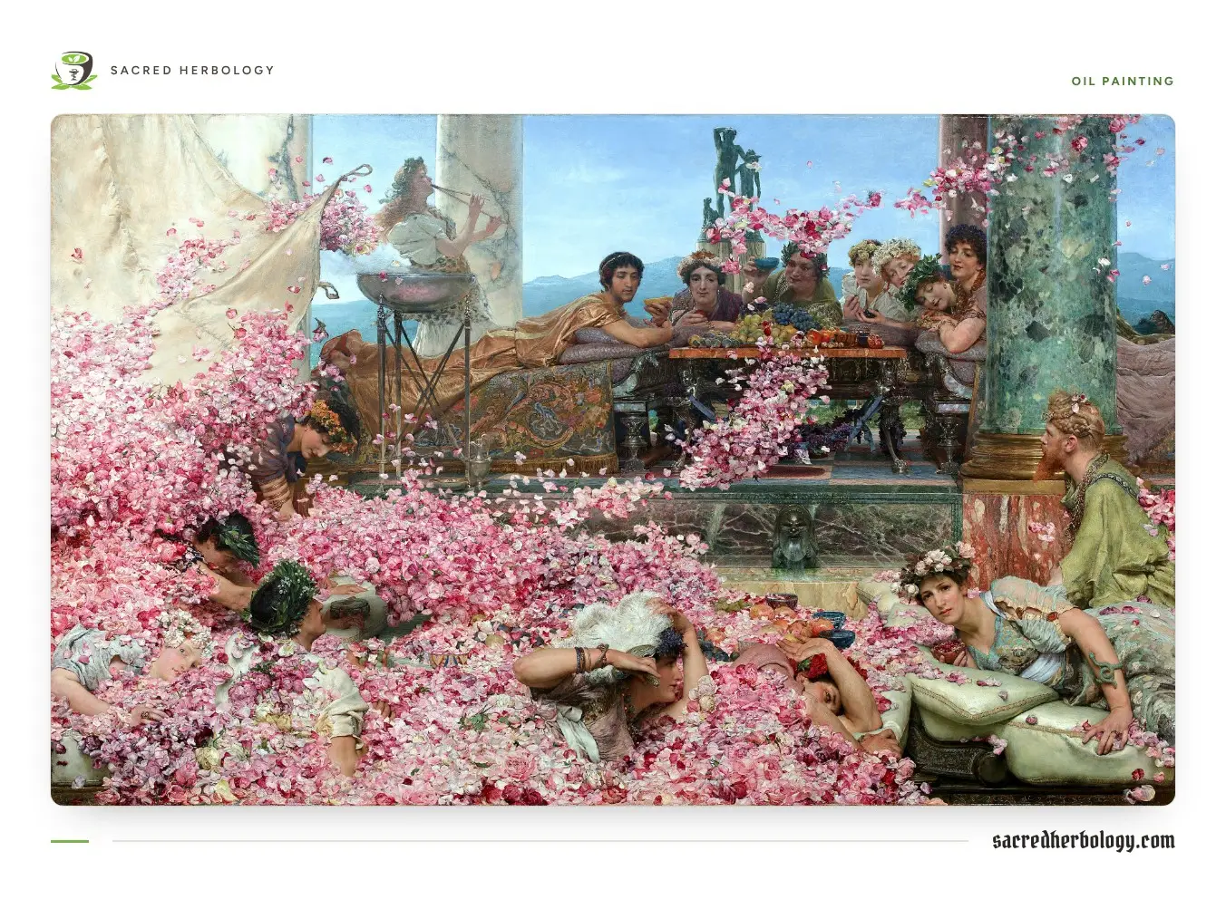 Oil painting of Roman banqueters reclining as a cascade of pink rose petals falls on them from above