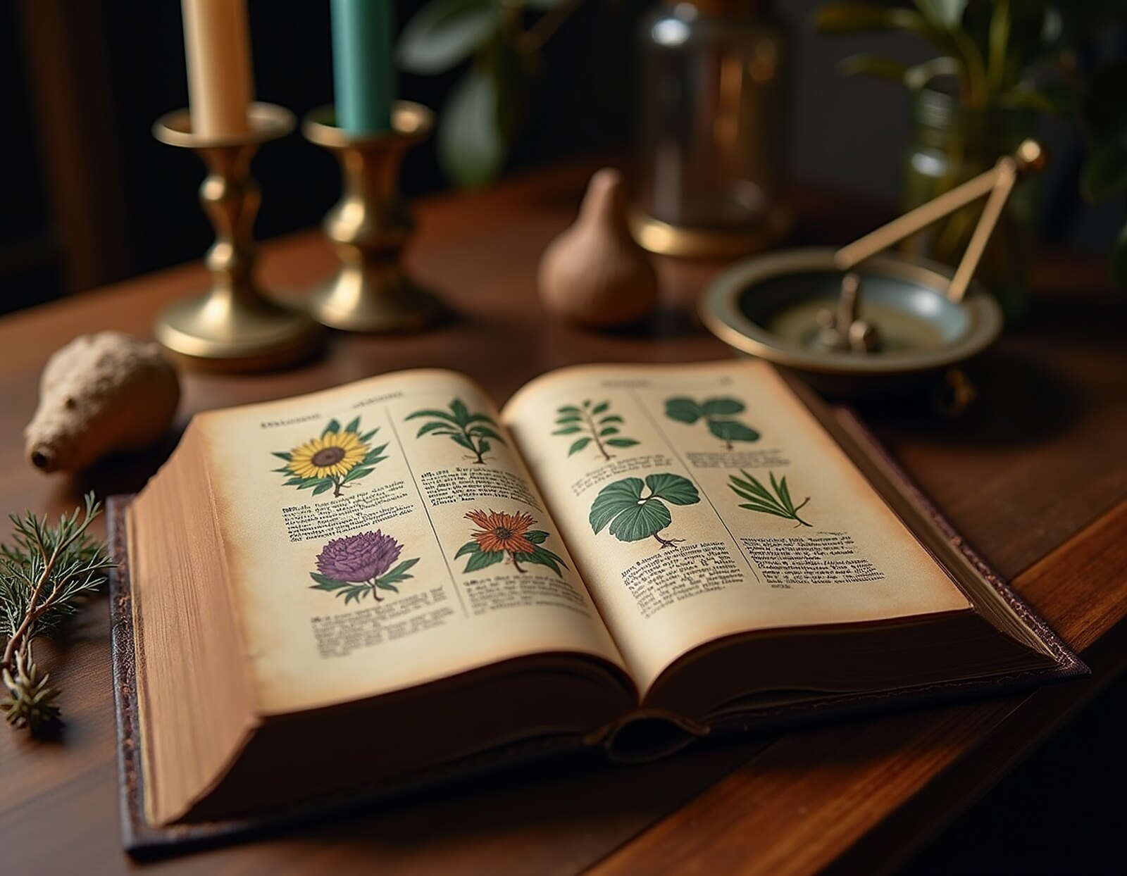 An old herbal open by candlelight