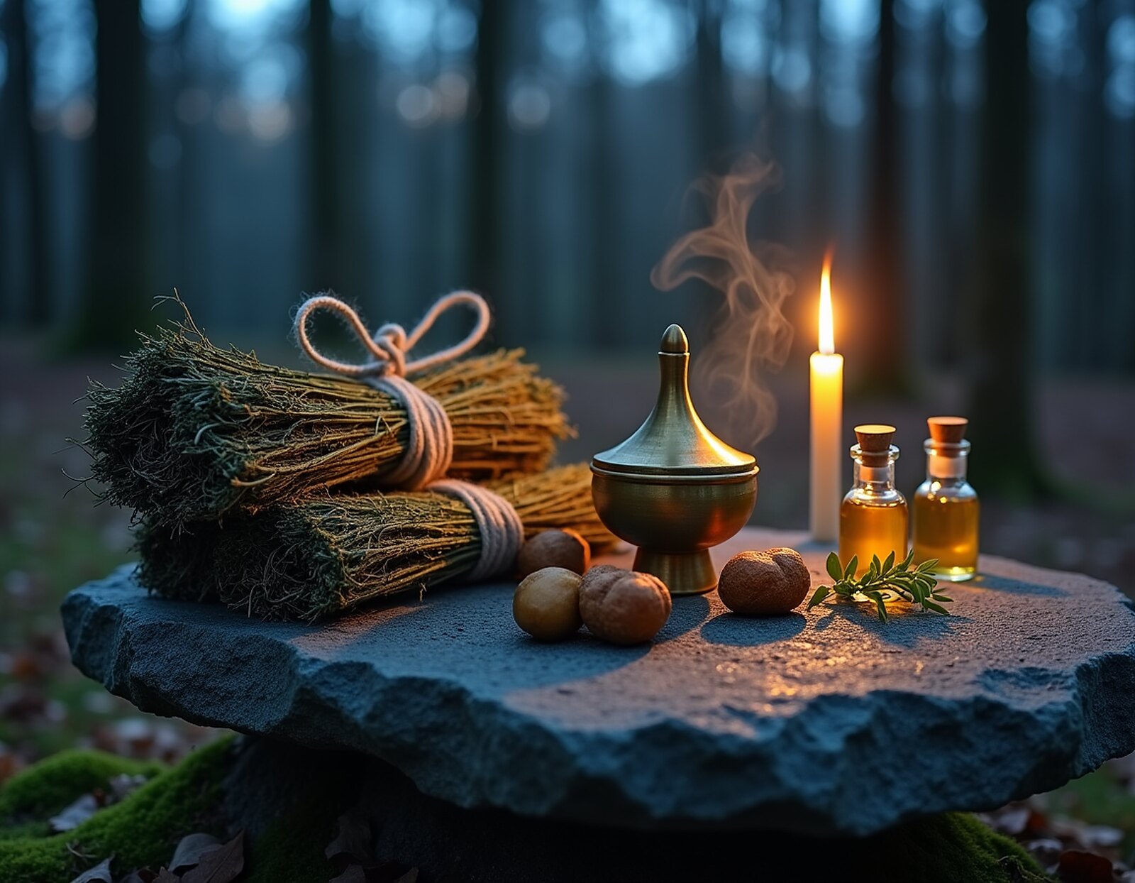 The altar stone with herbs, censer and oils