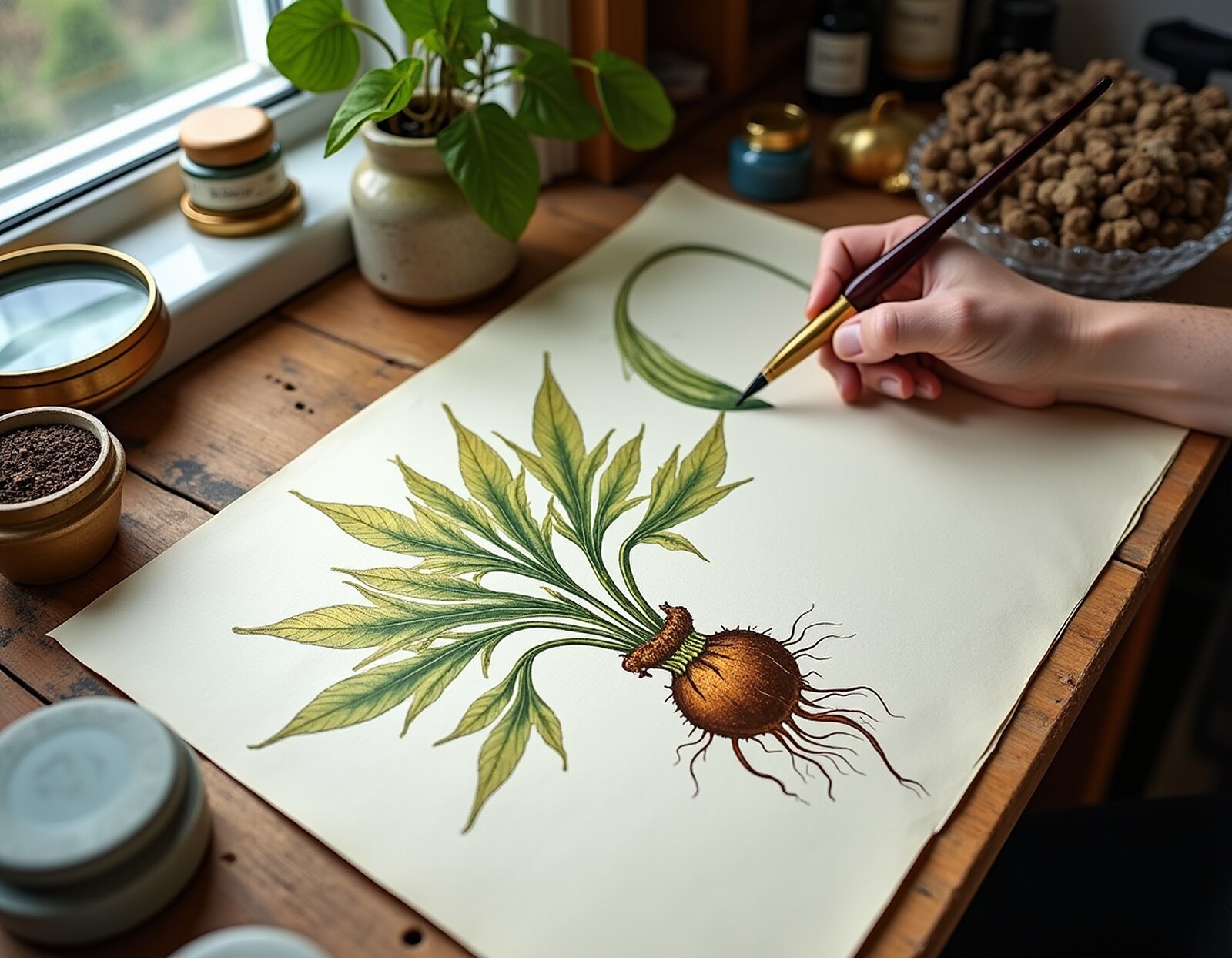 A watercolour mandrake being painted with a gold border