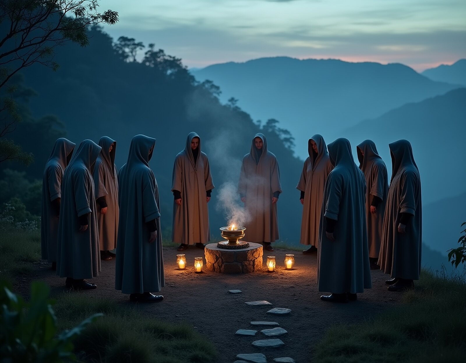 Robed figures in the circle at dusk
