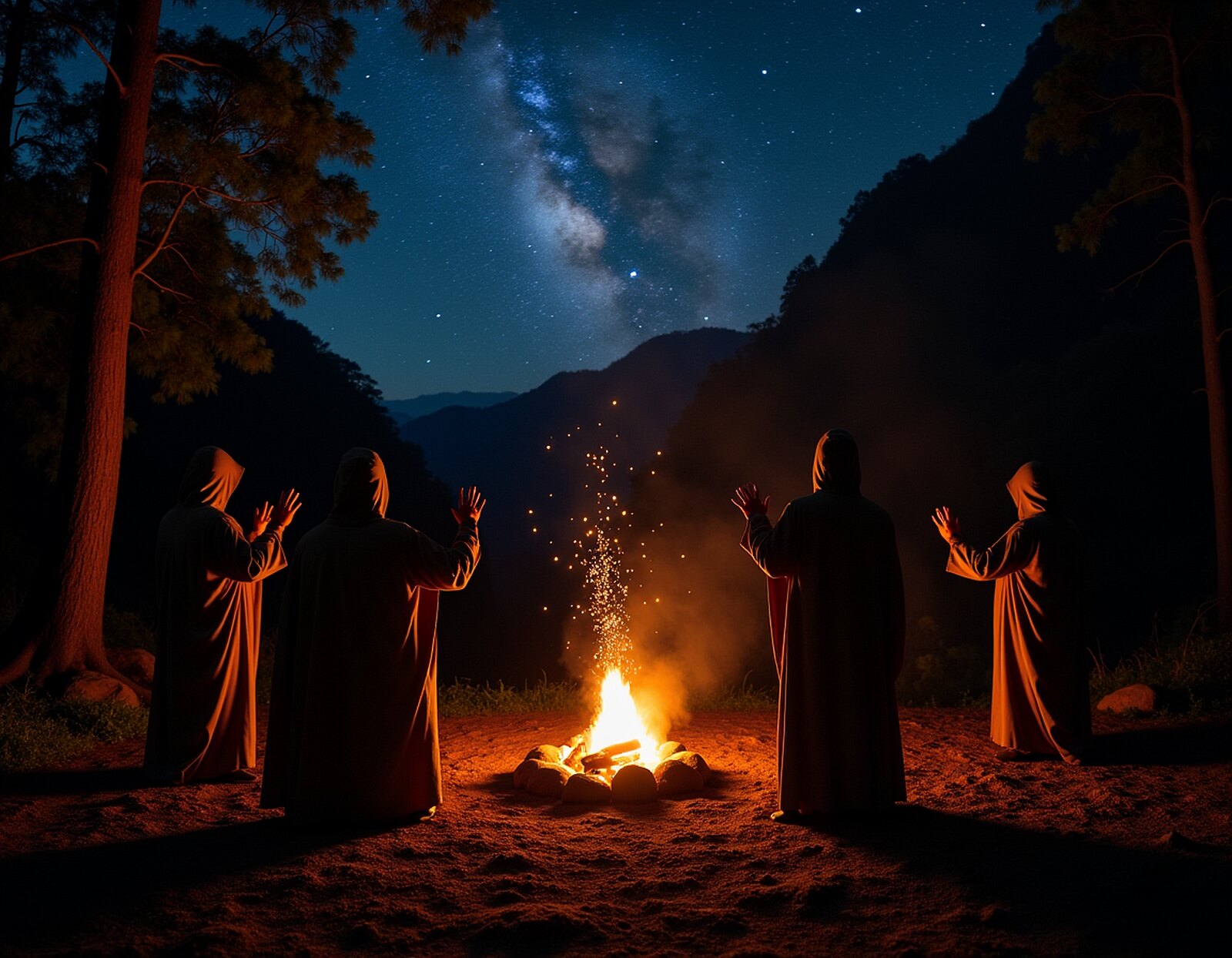 Robed figures round a fire at night