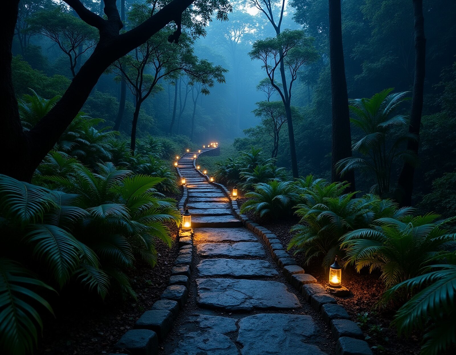 Lanterns along the path through the forest