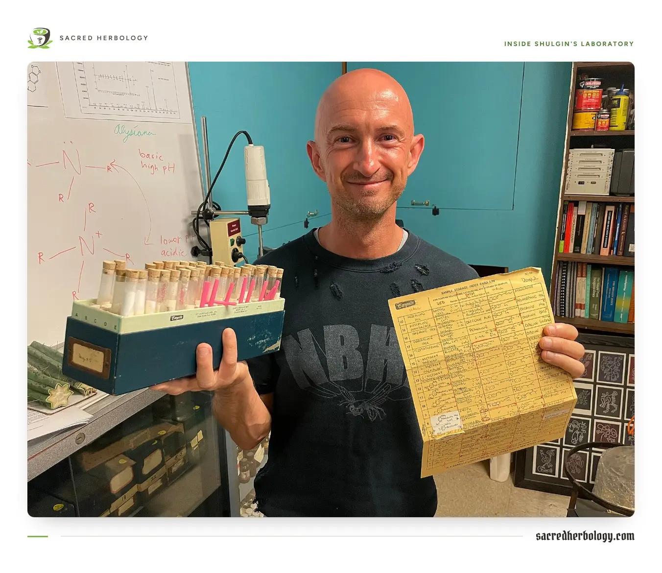 A smiling bald man stands in a small laboratory holding up an old box of corked sample tubes and a yellowed, hand-filled sample index card; behind him a whiteboard of chemical structures, a lab stirrer and shelves of chemistry books