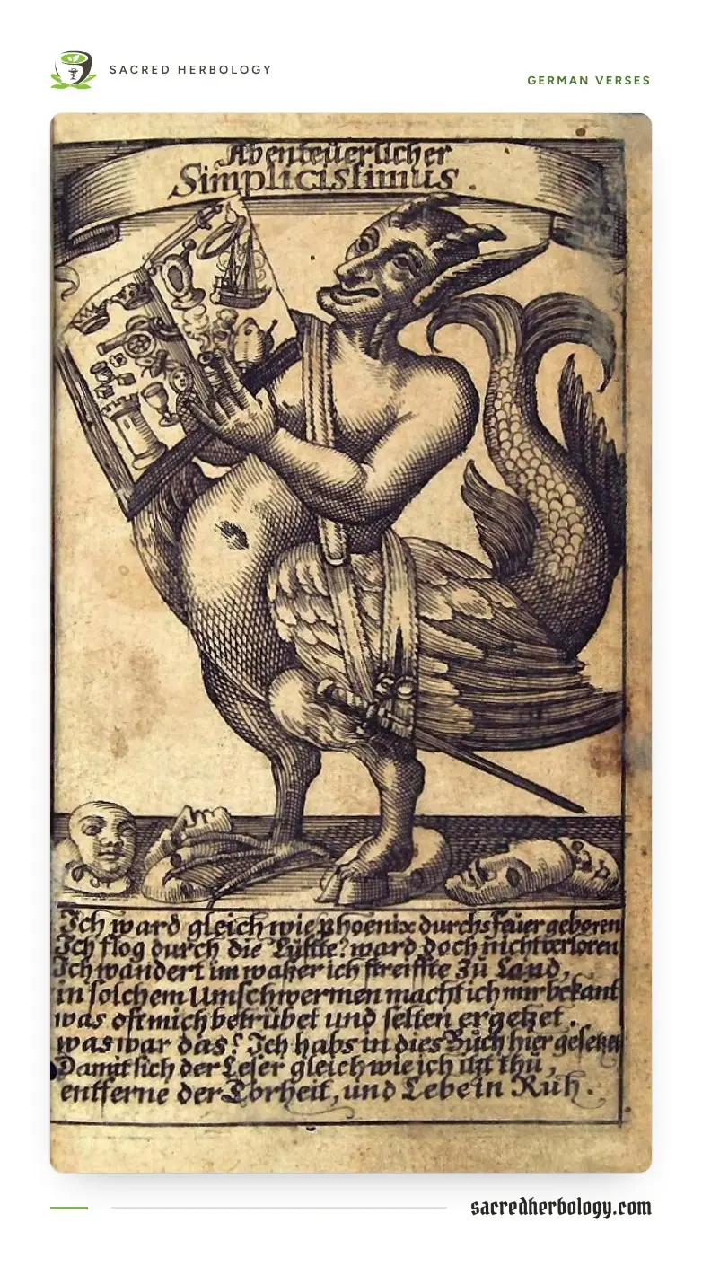 Engraving of a horned, winged creature with a fish tail, pointing at an open book of pictures and standing over a pile of masks, with German verses below